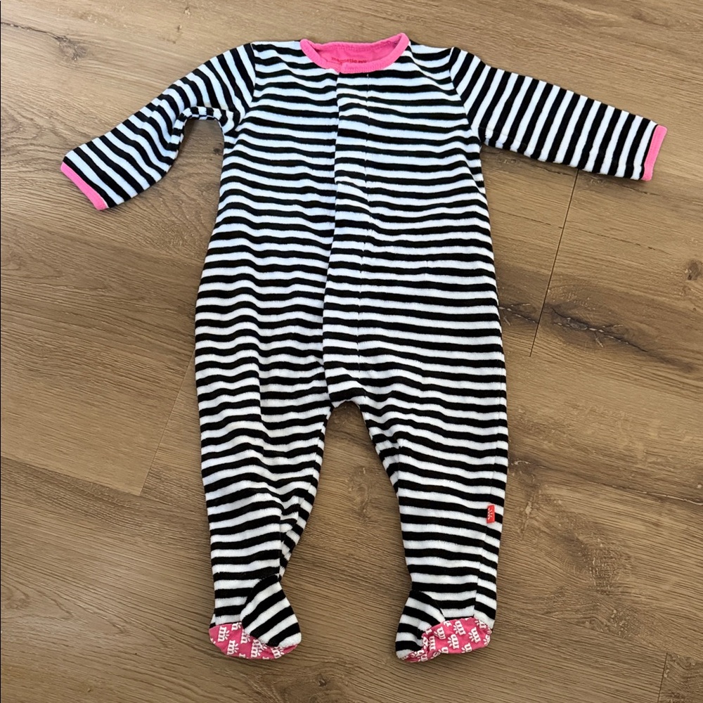 Magnetic Me Black and White Striped Footie with Pink Trim